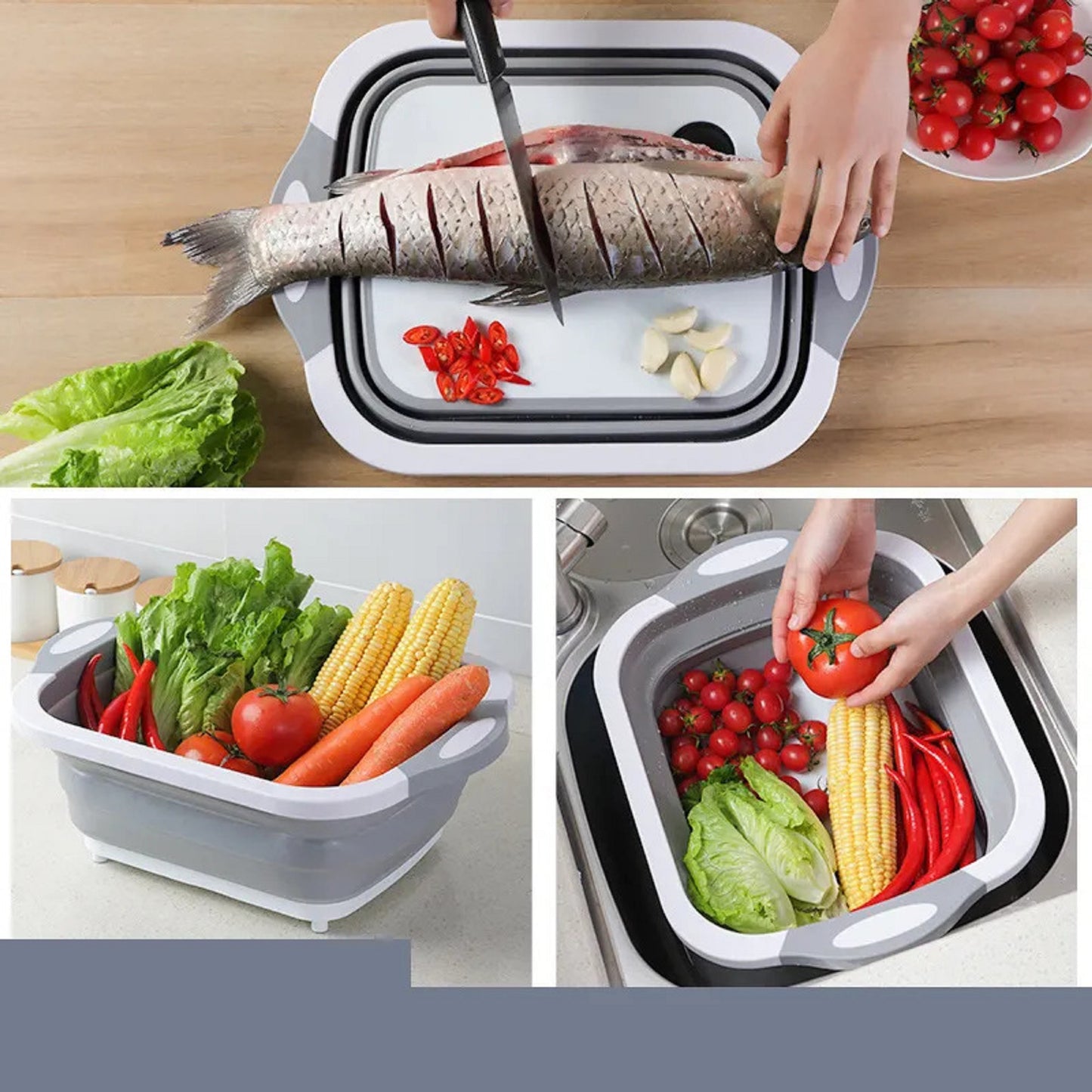 Collapsible Cutting Board with Colander - Ultimate 3-in-1 Kitchen Tool! Slice, Dice, and Wash Veggies Fruits 3 in 1 Multifunction Storage Basket for BBQ