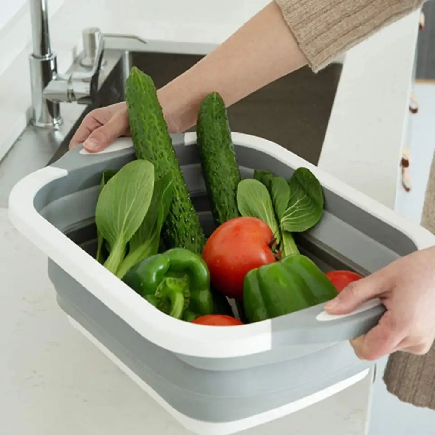 Collapsible Cutting Board with Colander - Ultimate 3-in-1 Kitchen Tool! Slice, Dice, and Wash Veggies Fruits 3 in 1 Multifunction Storage Basket for BBQ