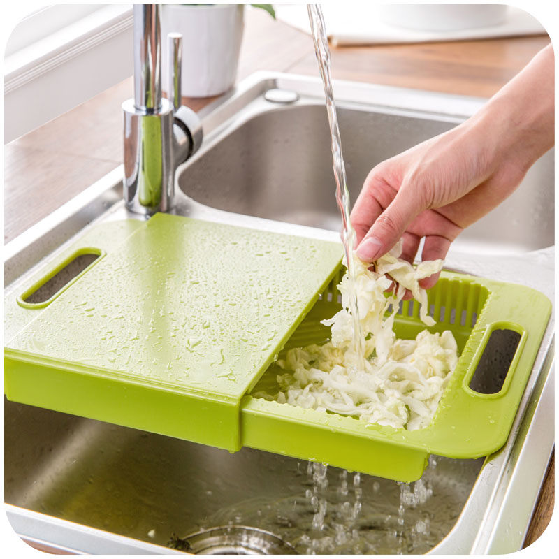 Multi-function Kitchen Cutting Board, Over the Sink Cutting Board with Strainer
