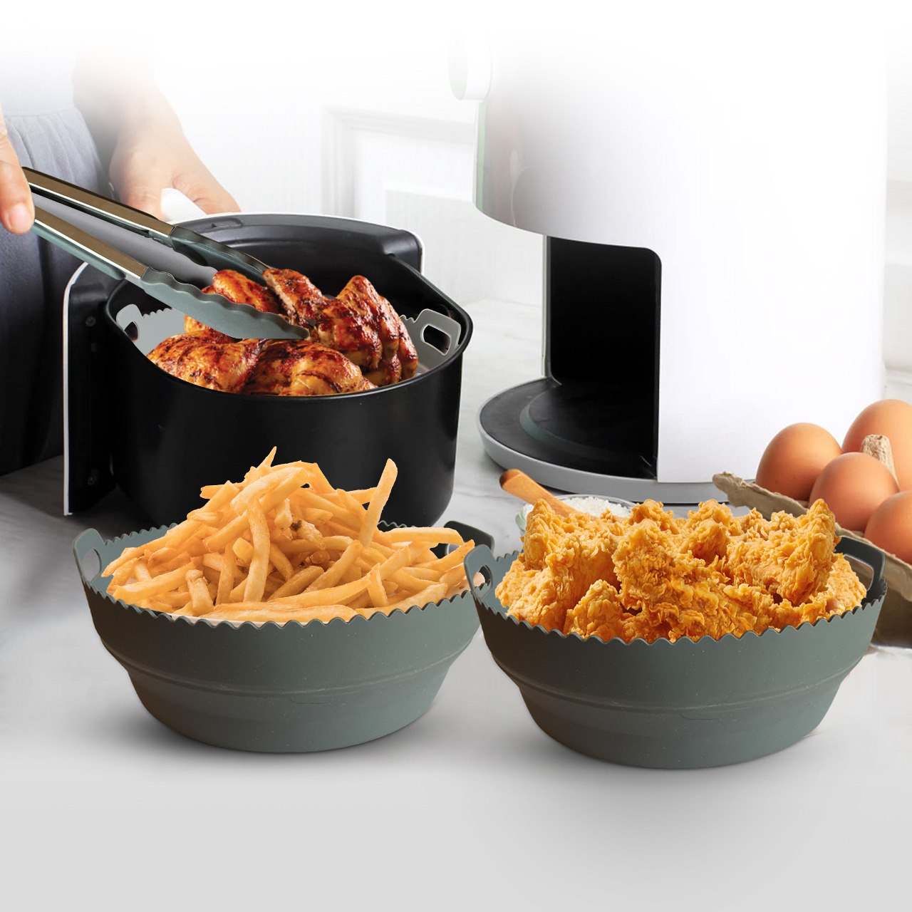 Collapsible Round Silicone Air Fryer Liner with Divider Insert, Gloves, Tongs and Oil Brush- 8 Inches