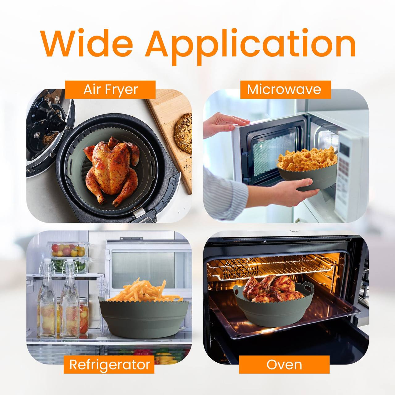 Collapsible Round Silicone Air Fryer Liner with Divider Insert, Gloves, Tongs and Oil Brush- 8 Inches